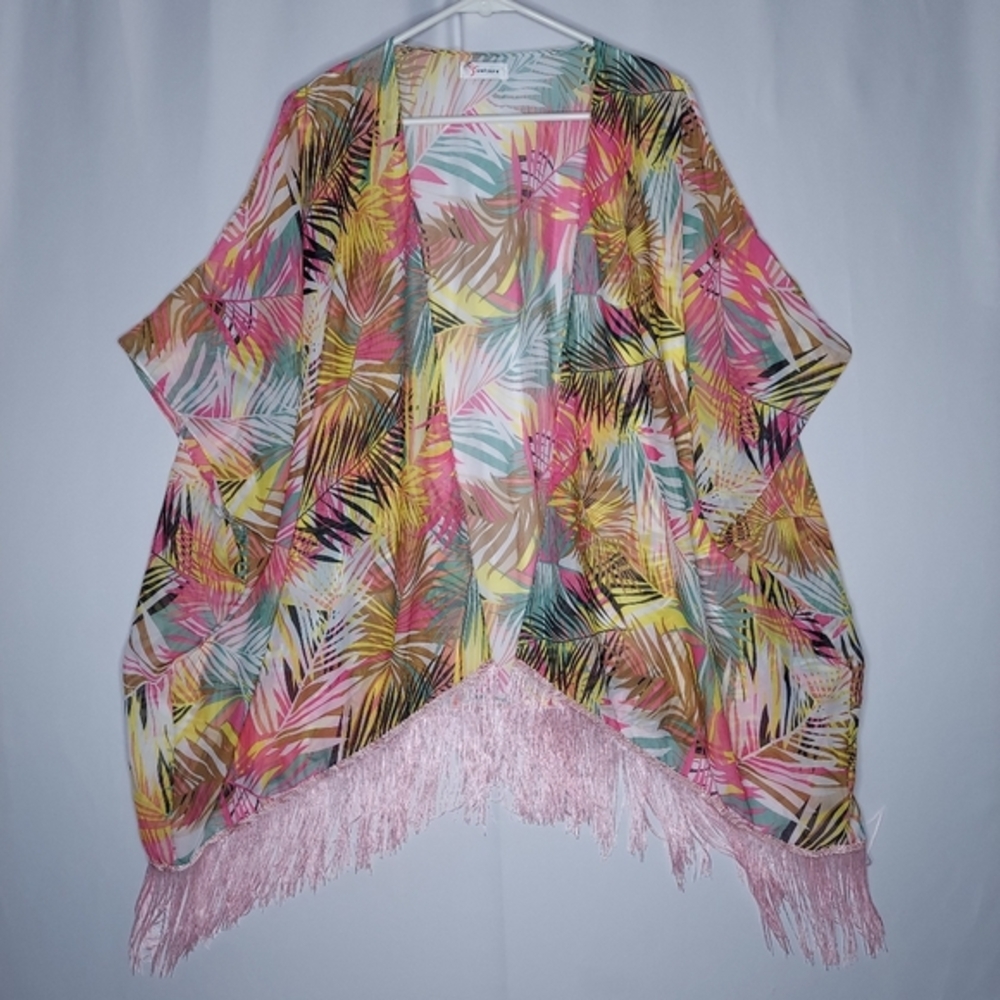 Soul Young‎ Kimono Coverup OS Multicolor Chiffon Fringe Shabby Chic Resortwear